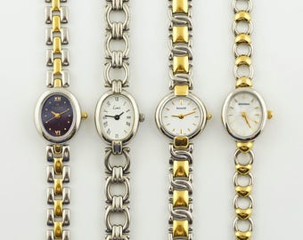 Reloj de cóctel Clyda vintage para mujer, reloj de pulsera Limit con caja ovalada y esfera plateada y dorada.