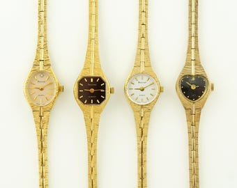 Vintage Gold Tone Womens Watch, Accurist adn Sekonda wristwatch, Minimalist Dial, Textured Bracelet