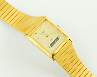 Vintage Accurist Ana-Digi mens Watch, Gold Tank Case wristwatch, Stainless Steel Bracelet, analog-digital wristwatches