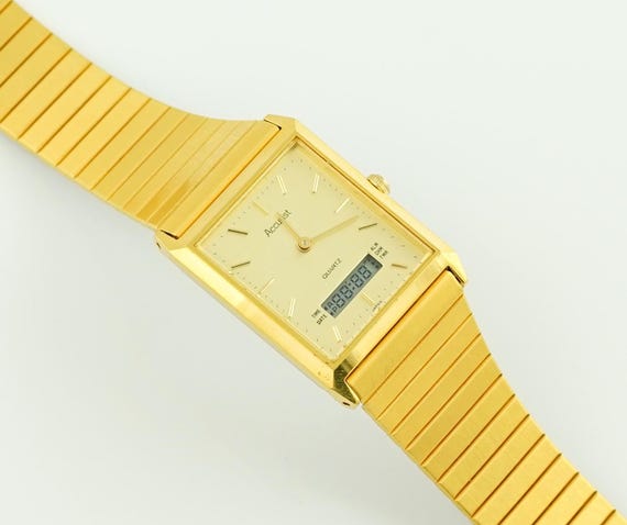 Vintage Accurist Ana-Digi mens Watch, Gold Tank Case wristwatch, Stainless Steel Bracelet, analog-digital wristwatches