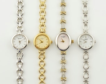 Vintage cocktailhorloge voor dames: roterende goudkleurige polshorloges, parelmoeren wijzerplaat