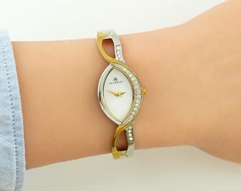 Vintage Accurist Womens Watch, Gold & Silver wristwatch, Mother of Pearl Dial, Original Box