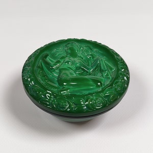 Vintage Naked Woman Figurine Box, Bohemian Malachite Glass with Mermaid Motif, Art Deco Jewelry Trinket Box, Nude Woman Design, Powder Jar image 2