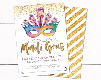 Mardi Gras Party Invitation - Gold Purple Glitter Mask Feathers Invitation - Brazilian Carnival Invitation - Mardi Gras Birthday Party