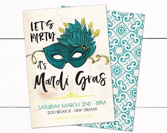 Mardi Gras Mask Party Invitation - Teal Marti Gras Mask Feathers Invitation - Brazilian Carnival Invitation - Mardi Gras Birthday Party