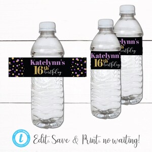 Mädchen Sechzehnter 16. Geburtstag Party Wasserflaschen Etiketten - Glitter Gold Lila Wasserflasche Etiketten - Sweet Sixteen Party Thema Dekor
