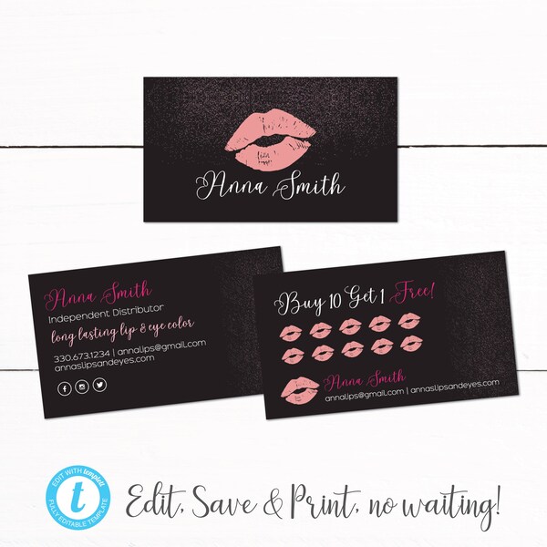 Lippen Makeup Lipsense Business Auto Punch Karte - Kunden Belohnungskarte - Schwarz Rosa Glitzer Lippen - Lippenstift Visitenkarte - Lippenstift Punch Card