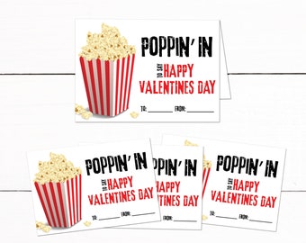 Kids Valentines Day Popcorn Treat Cards - School Valentines Day Party Treats - Printable Popcorn Valentines Day Cards