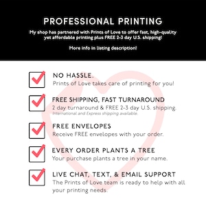 May include: A pink heart graphic with a checklist of five benefits for using Prints of Love printing services. The benefits include: No hassle, free shipping, fast turnaround, free envelopes, and every order plants a tree. The text also includes: "Prints of Love takes care of printing for you!" and "The Prints of Love team is ready to help with all your printing needs."