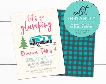 May include: A printable invitation for a glamping birthday party. The invitation features a cartoon camper van, a pine tree, and the text "Let's go glamping". The invitation is for Brianna's 9th birthday party. The party will be held on Saturday, April 15th at Wood Lake Campground in Rootstown, Ohio. The invitation includes the address of the campground and asks guests to RSVP by April 10th to Kelly at 330-673-1234.