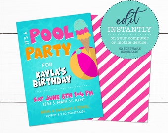 Girls Swim Pool Birthday Party Invitation - Kids Swimming Birthday Party Invitation - Printable Boys Girls Outdoor Birthday Party Invitation