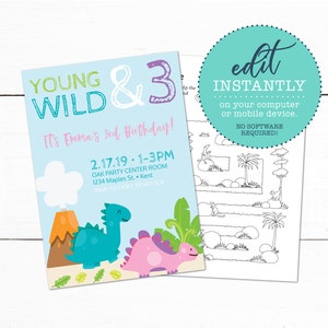 Girls Dinosaur Birthday Party Invitation - Young Wild and Three Girls Birthday Invitation - Dinosaur Kids Maze Coloring Page