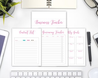 May include: Four printable business planner pages with pink text. The pages include a contact list, giveaway tracker, monthly goals, and a business tracker.