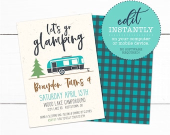 May include: A printable invitation for a glamping birthday party. The invitation features a blue and green camper, a green pine tree, and the text "Let's go glamping" and "Brayden Turns 9". The invitation also includes the date, time, and location of the party.