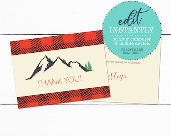 Buffalo Plaid Mountains Thank You Card Stationary - Printable Buffalo Plaid Birthday Shower Gift Thank You Card Instant Download File