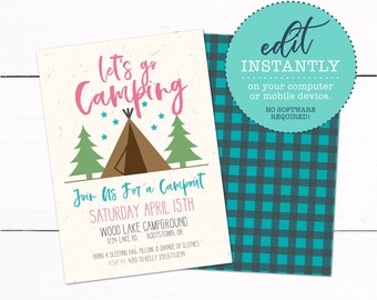 Mädchen-Zelt Camping Campout Einladung - Pfadfinderinnen Campout Einladung - Printable Camping Invite