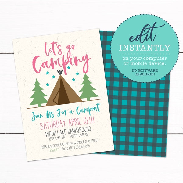 Girls Tent Camping Campout Invitation - Girl Scouts Campout Invitation - Printable Camping Invite