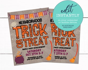 May include: Editable printable Halloween trick or treat sign with a brown background, orange and black spiderweb lettering, and a cauldron with a purple rim. The text reads "Neighborhood Trick or Treat" and includes the date and time for the event.