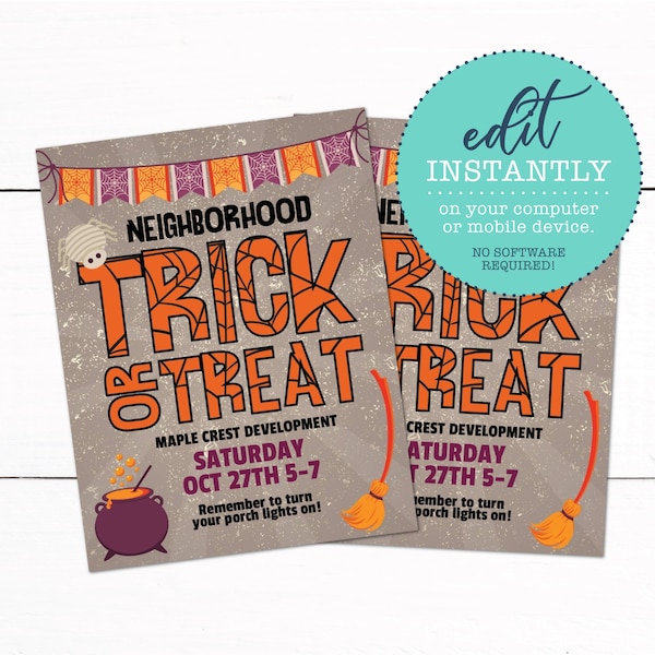 Halloween Trick or Treat Neighborhood Flyer Invitation - Halloween Birthday Party Invitation - Family Costume Party 2018