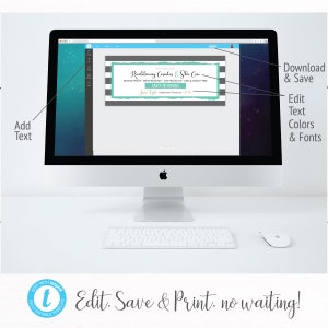 May include: A computer screen displaying a customizable template for a business card. The template features a teal and gray color scheme with the text "Revolutionary Cosmetics & Skin Care" and "Lasts 18 Hours".
