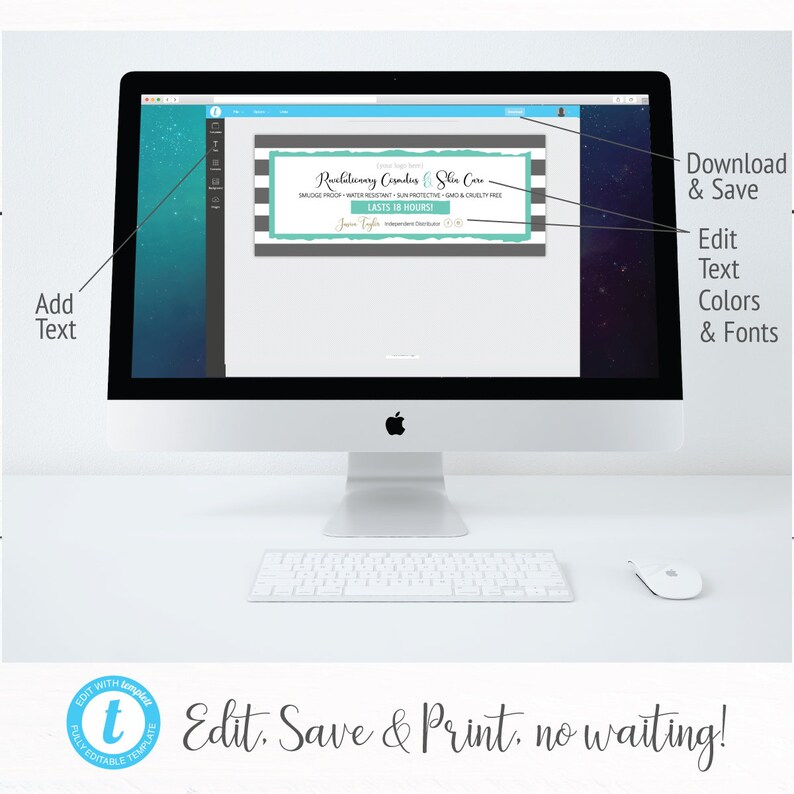 May include: A computer screen displaying a customizable template for a business card. The template features a teal and gray color scheme with the text "Revolutionary Cosmetics & Skin Care" and "Lasts 18 Hours".