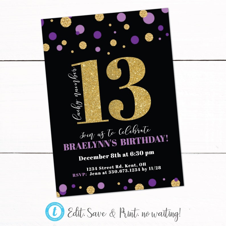 Girls Thirteen 13th Birthday Party Invitation Teenage Girl Etsy