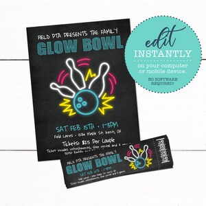 Glow Bowling Event Fundraiser Flyer & Ticket
