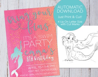 Mermaid Swim Party Birthday Invitation - Mermaid Party - Mermaid Coloring Page - Birthday Invitation - Girls Birthday Invitation
