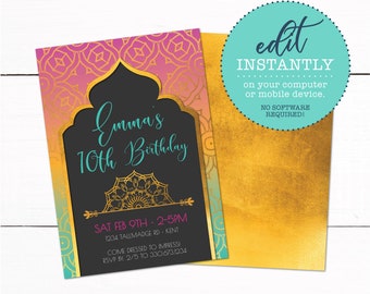 Arabian Nights Bollywood Moroccan Printable Birthday Party Invitation - Arabian Nights Party - Moroccan Party - Bollywood Party - Mandala