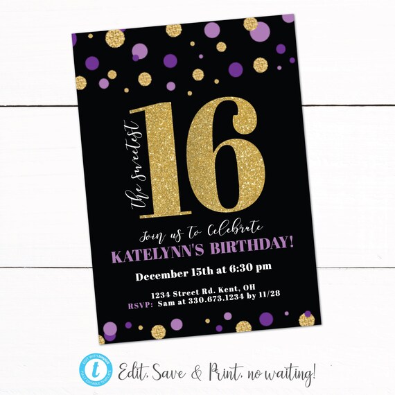 Girls Sixteenth 16th Birthday Party Invitation Sweet 16 Girl Etsy