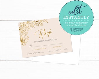 Rose Gold Floral Wedding RSVP Card - Printable Wedding RSVP Card Instant Download - Wedding Stationary - Rose Gold Wedding Theme