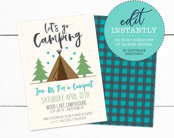 Tent Camping Campout Invitation - Camping Campout Tent Birthday Party Invitation - Templett Printable Camping Invite