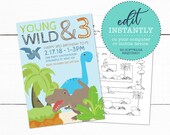 Dinosaur Birthday Party Invitation - Young Wild and Three Birthday Invitation - Dinosaur Kids Maze Coloring Page - Boys Birthday Invitation