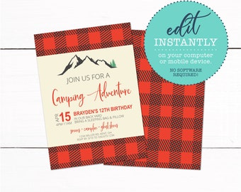 Camping Campout Birthday Party Invitation - Lumberjack Plaid Printable Campout Invitation with Mountains Automatic Download File