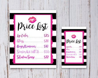 May include: Black and white striped price list with pink accents. The price list includes the following items: Lip Color, Gloss, Oops Remover, Starter Kit (all 3), and Shadow Sense.