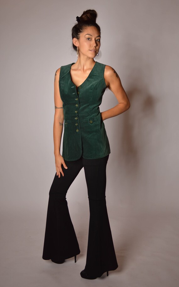 70's Green Corduroy Fitted Long Vest with Buttons