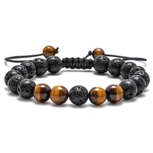 8mm Natural Mens Tigers Eye Lava Rock Adjustable Bracelet Spiritual Healing Essential Oil Anxiety Stress Fathers Day Anniversary Gift