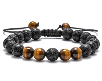 8mm Natural Mens Tigers Eye Lava Rock Adjustable Bracelet Spiritual Healing Essential Oil Anxiety Stress Fathers Day Anniversary Gift