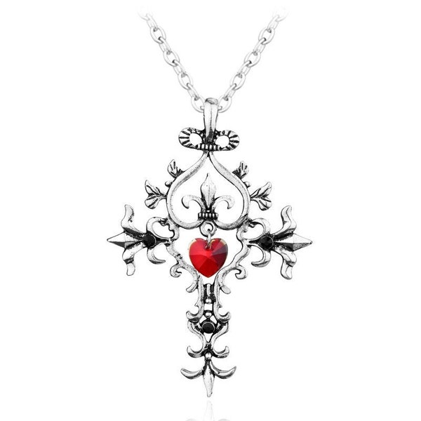 The Vampire Diaries Antique Silver Tone Cross Necklace with Red Hanging Bead Gothic Heart Cross Necklace Chain Pendant Jewellery Vintage