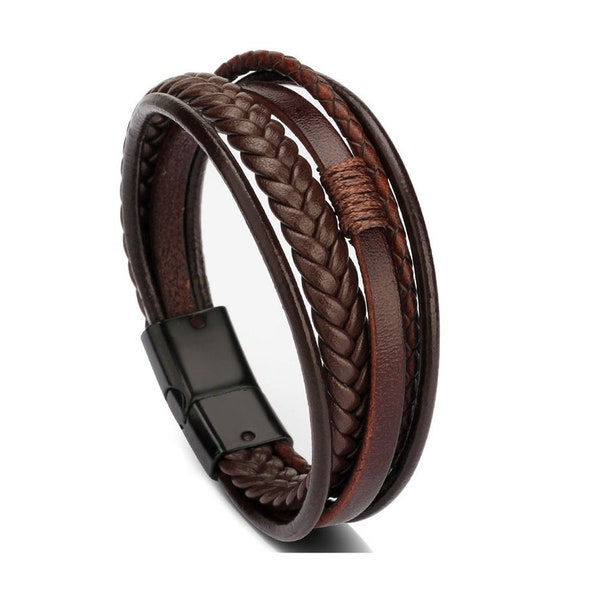 Mens Leather Bracelet Handmade Braided Wristband Magnetic Clasp Brown Hand Woven Magnetic Buckle Anxiety Bracelet Ethnic Style Men Jewelry