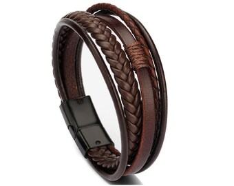 Mens Leather Bracelet Handmade Braided Wristband Magnetic Clasp Brown Hand Woven Magnetic Buckle Anxiety Bracelet Ethnic Style Men Jewelry