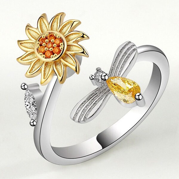 Cute Sunflower Heart Bee Ring Unique Engagement Ring Sunflower Fidget Spinner Ring Anxiety Rings Dainty Statement Ring Best Friend Rings