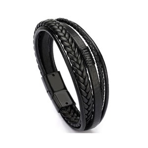 Hand Woven Leather Bracelet For Men - Black Leather Rope Braided Mens Bracelet Magnetic Buckle Anxiety Bracelet Ethnic Style Jewelry for Men