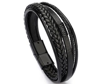 Hand Woven Leather Bracelet For Men - Black Leather Rope Braided Mens Bracelet Magnetic Buckle Anxiety Bracelet Ethnic Style Jewelry for Men