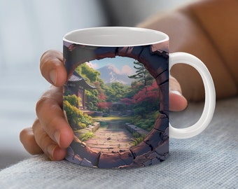 Envoltório de caneca com tema de jardim japonês: design 3D do Monte Fuji (download digital em PNG)