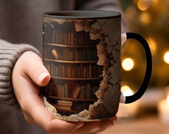 Caneca de estante escondida: design de parede rachada, presente para amantes de livros