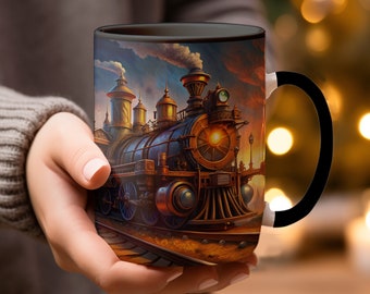 Caneca de trem steampunk: xícara de café com locomotiva vintage, arte ferroviária