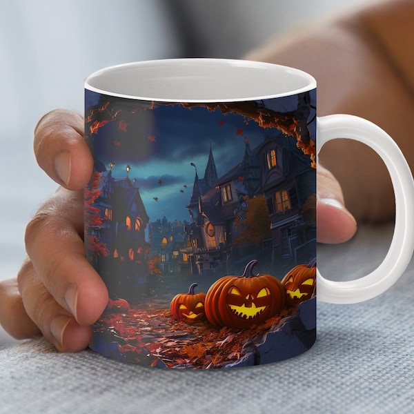 Spooky Halloween Pumpkin Digital Mug Wrap, 3D Cracked Wall Art, 11 oz 15 oz Mug Design, Haunted House PNG File Download