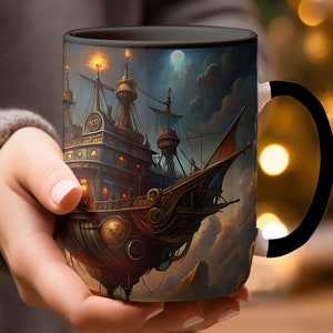 Fantasy Sky Steampunk Schiffsbecher, einzigartige Luftschiff-Druck-Kaffeetasse, Science-Fiction-Technologie-Kunst-Vintage-Geschenk, vom Künstler imaginiertes fliegendes Schiff.