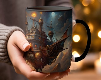 Caneca de dirigível steampunk: xícara de café com arte de céu de fantasia